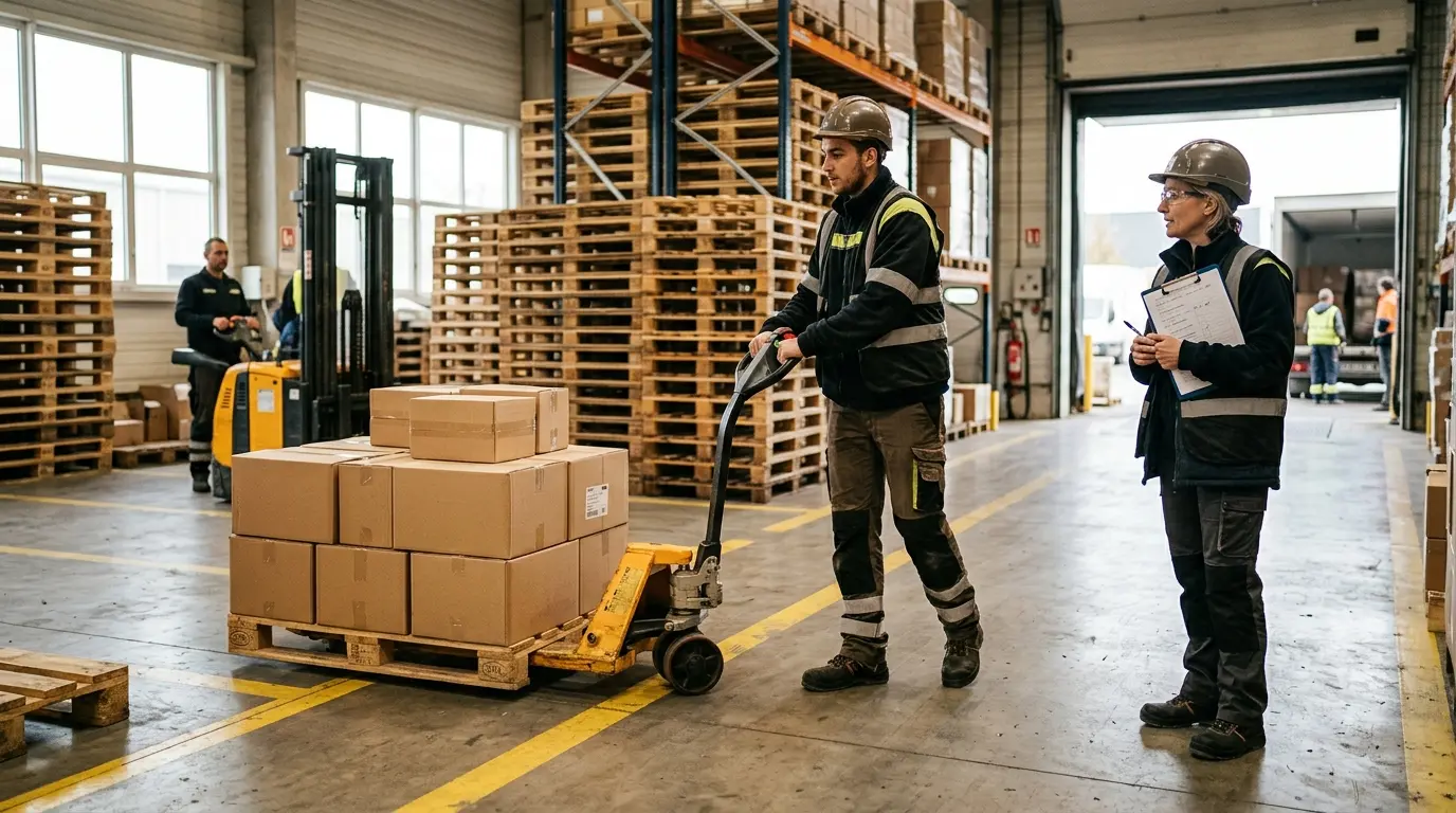 Employé manœuvrant un transpalette électrique en entrepôt, supervisé, illustrant la formation transpalette électrique en sécurité.