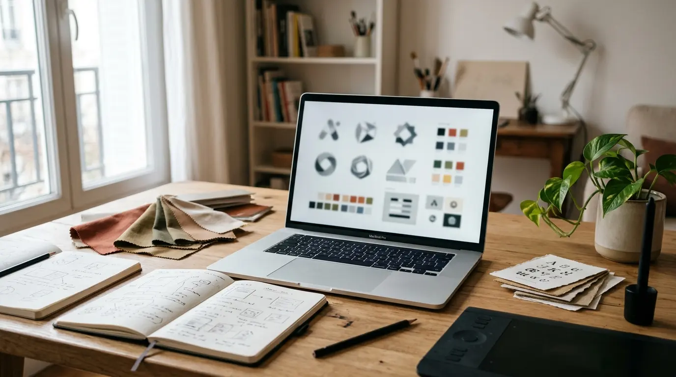Espace de travail moderne avec un ordinateur affichant des concepts de logo, illustrant l'utilisation d'un generateur de logo gratuit.