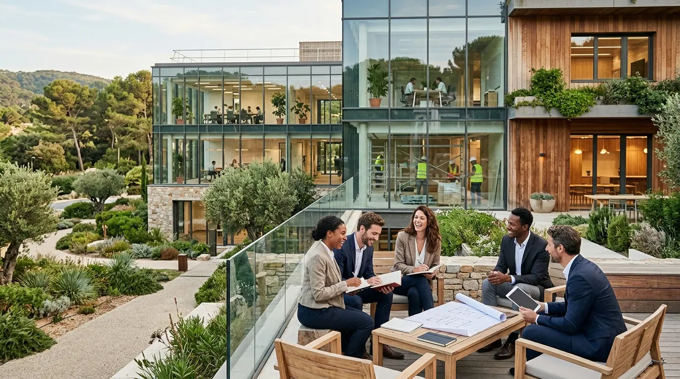 Bureau moderne du groupe Courtin dans un écosystème de coworking, avec architecture contemporaine et espaces verts.