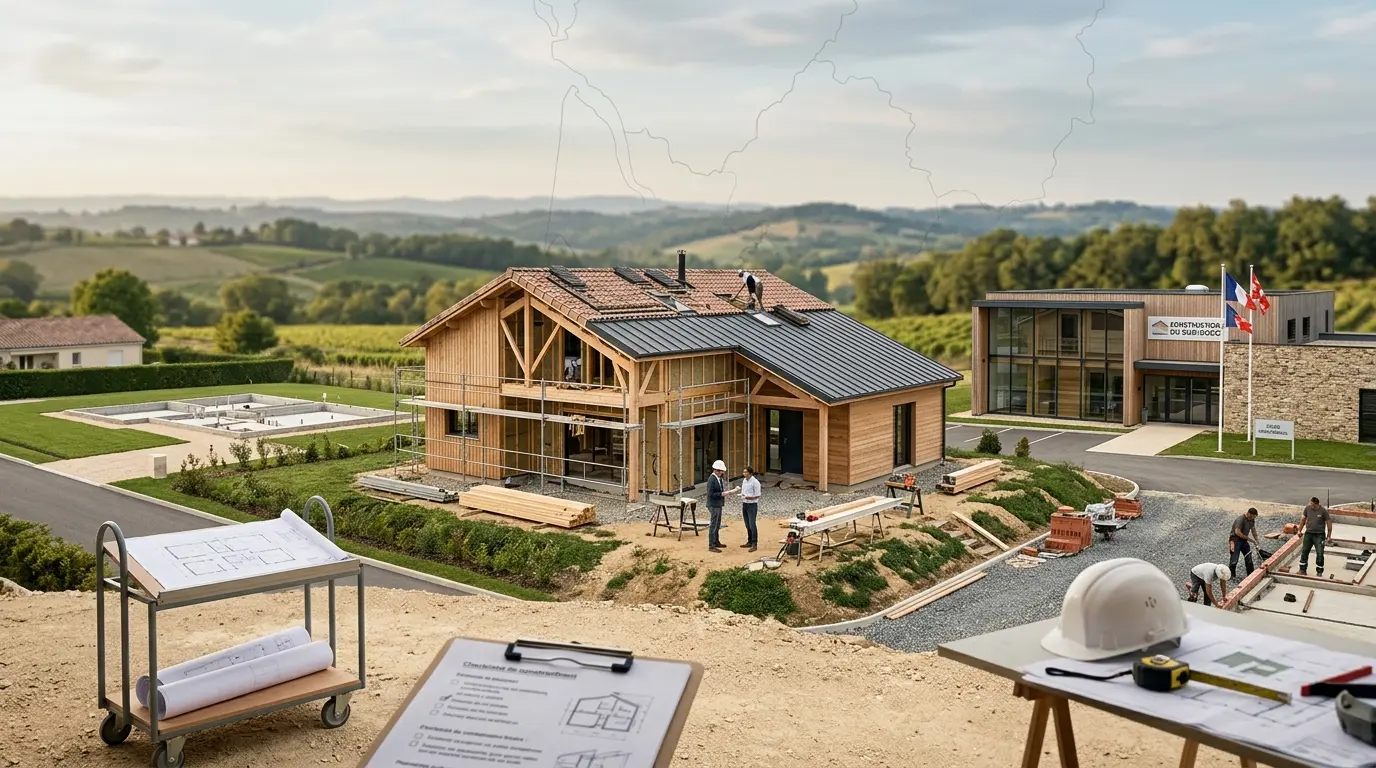 Construction d'une maison moderne par le groupe hdv en Nouvelle-Aquitaine, avec plans et matériel de chantier en arrière-plan.