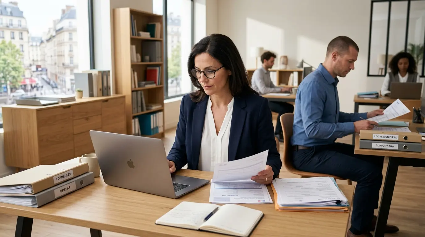 Entrepreneur au bureau examinant un ordinateur et des documents, illustrant le choix du guichet pro pour les formalités.
