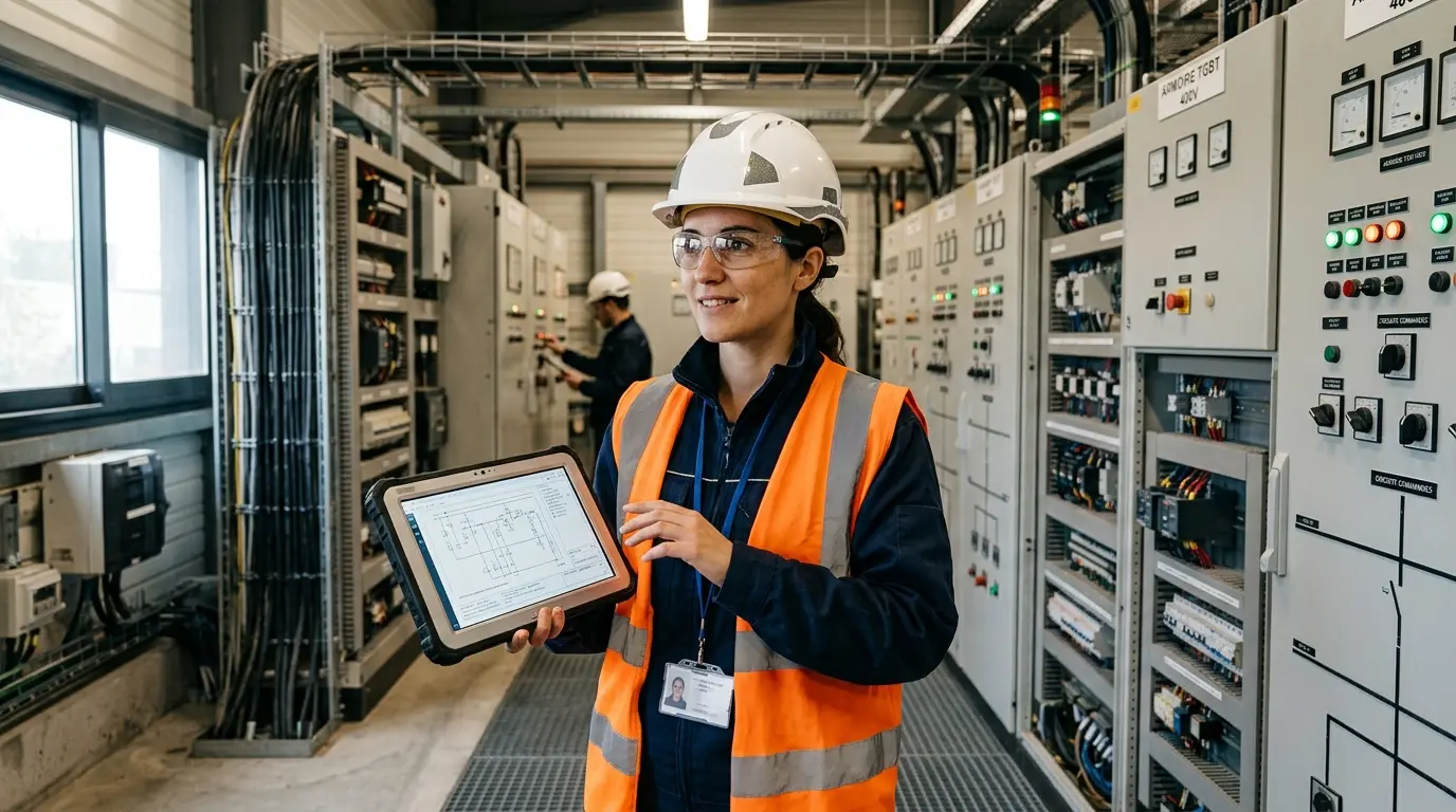 Ingénieur en électricité en casque et lunettes, travaillant dans une salle électrique moderne avec câbles et panneaux de contrôle.