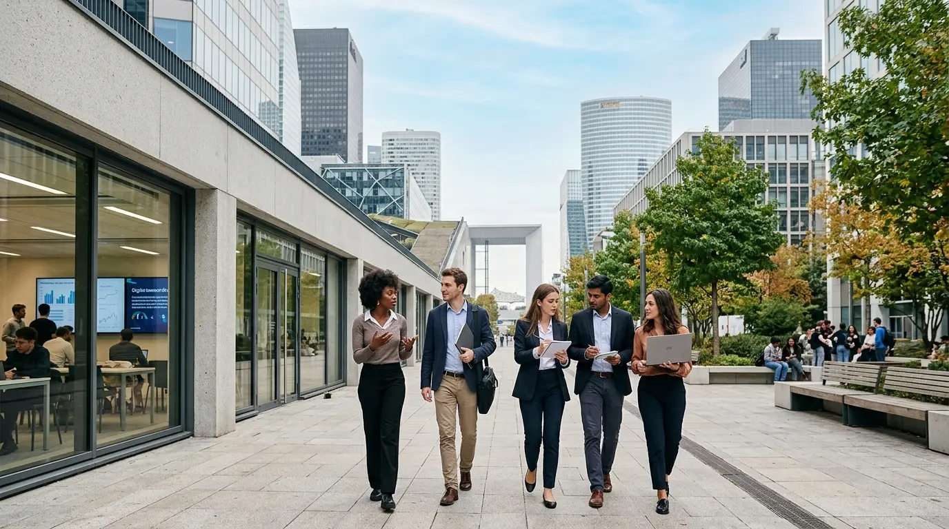 Campus moderne de l'institut leonard de vinci à Paris-La Défense, étudiants en discussion près de bâtiments contemporains.