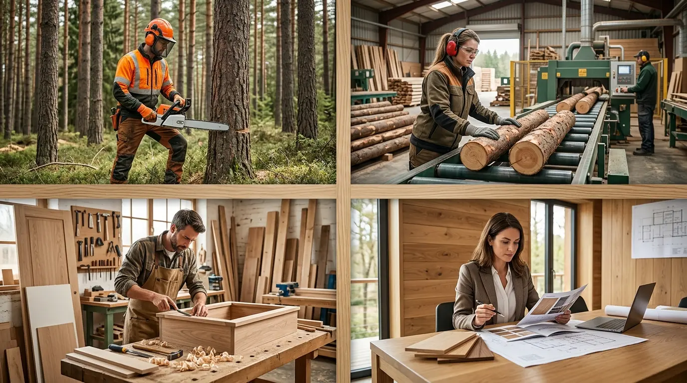 Scène illustrant les métiers du bois qui recrutent : travailleur en forêt, scierie, menuisier et commercial en bureau.