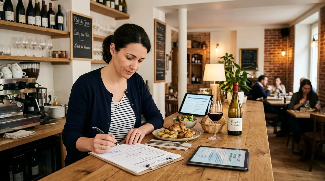 Intérieur moderne d'un petit restaurant avec un propriétaire examinant des documents pour une licence petite restauration.
