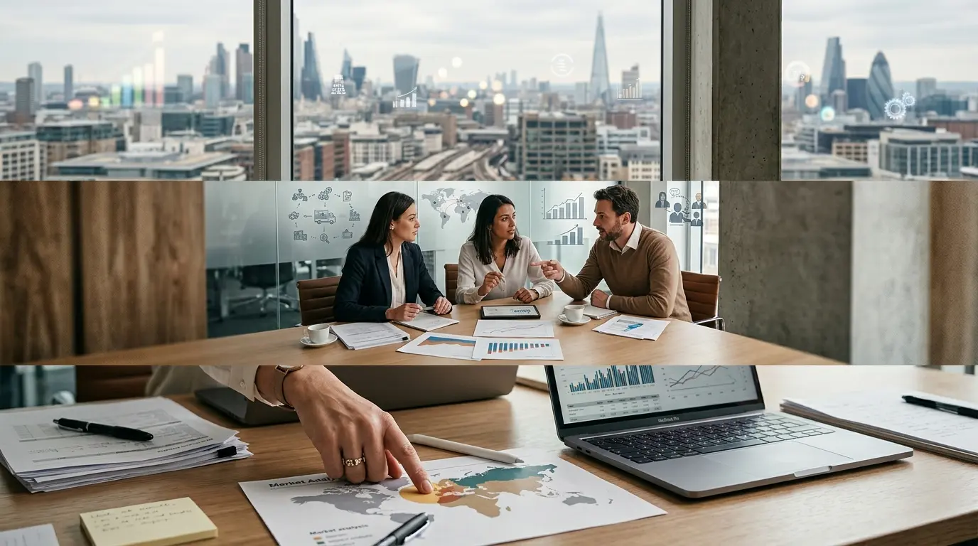 Trois niveaux d'analyse meso macro micro d'une stratégie d'entreprise, avec un bureau, des professionnels et un environnement urbain.
