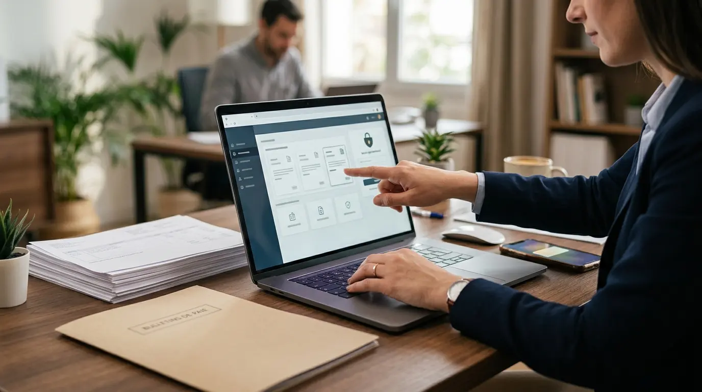 Bureau professionnel avec ordinateur, documents de paie et smartphone, évoquant my arkevia fiche de paie et accès sécurisé.