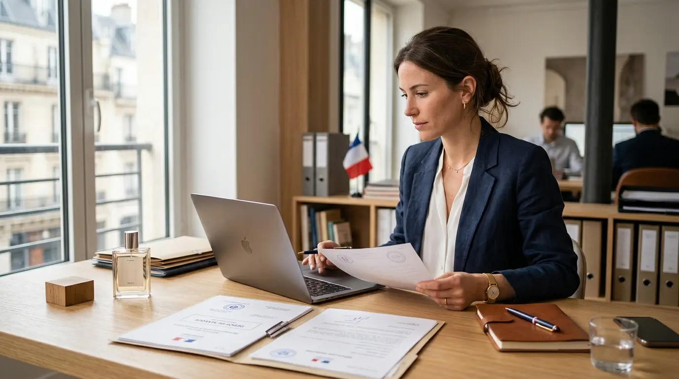 Couverture d'article sur qu est ce que l inpi, montrant un entrepreneur à un bureau moderne avec ordinateur et documents.