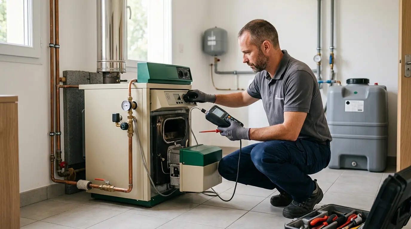 Technicien qualifioul inspectant une chaudière à fioul dans un espace utilitaire propre, outils à proximité.