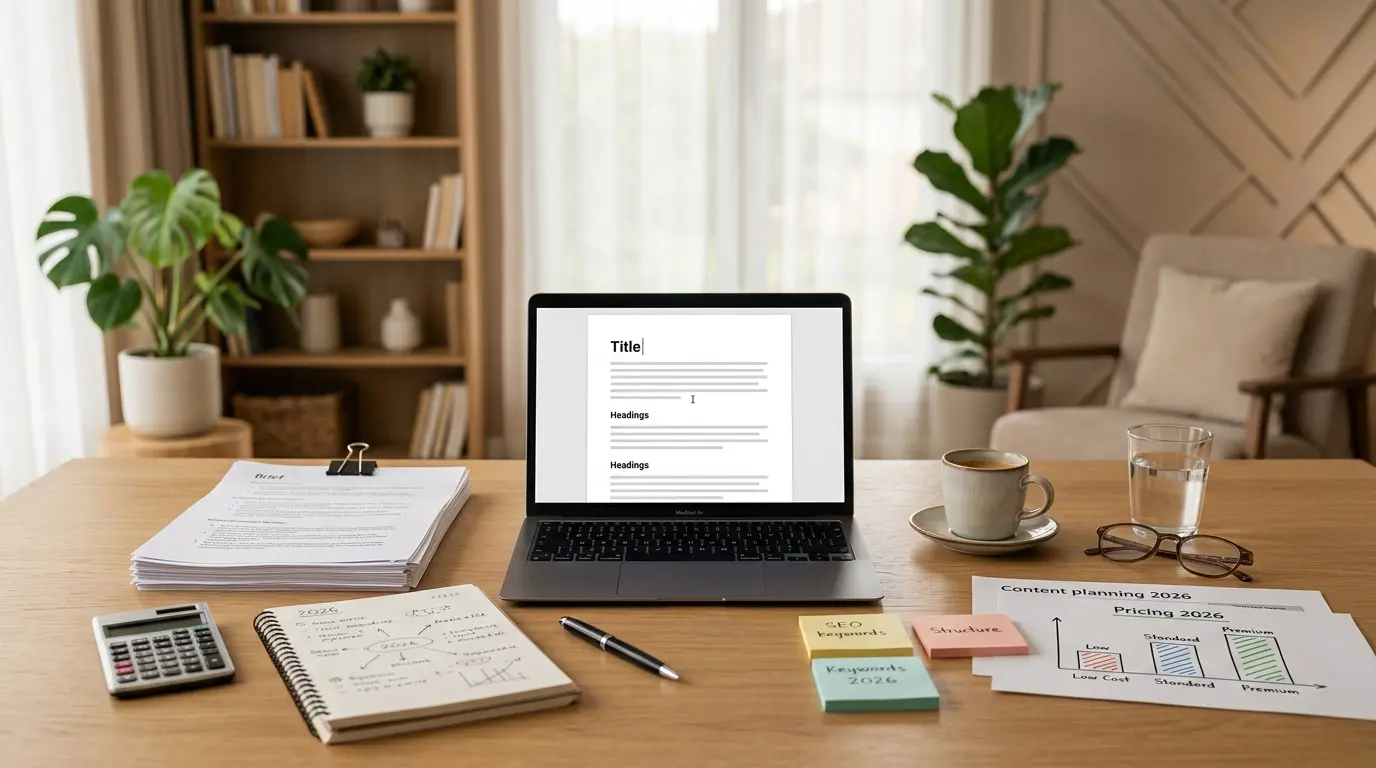 Bureau moderne d'un rédacteur web, avec éléments de prix et stratégie, évoquant les tarifs en 2026 pour le contenu.