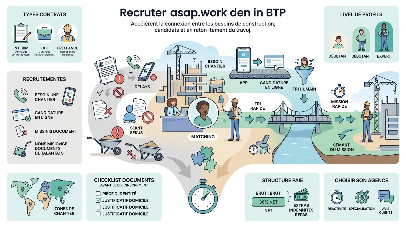 Infographie éducative sur asapwork, illustrant le recrutement BTP moderne et l'efficacité du matching candidat-chantier.