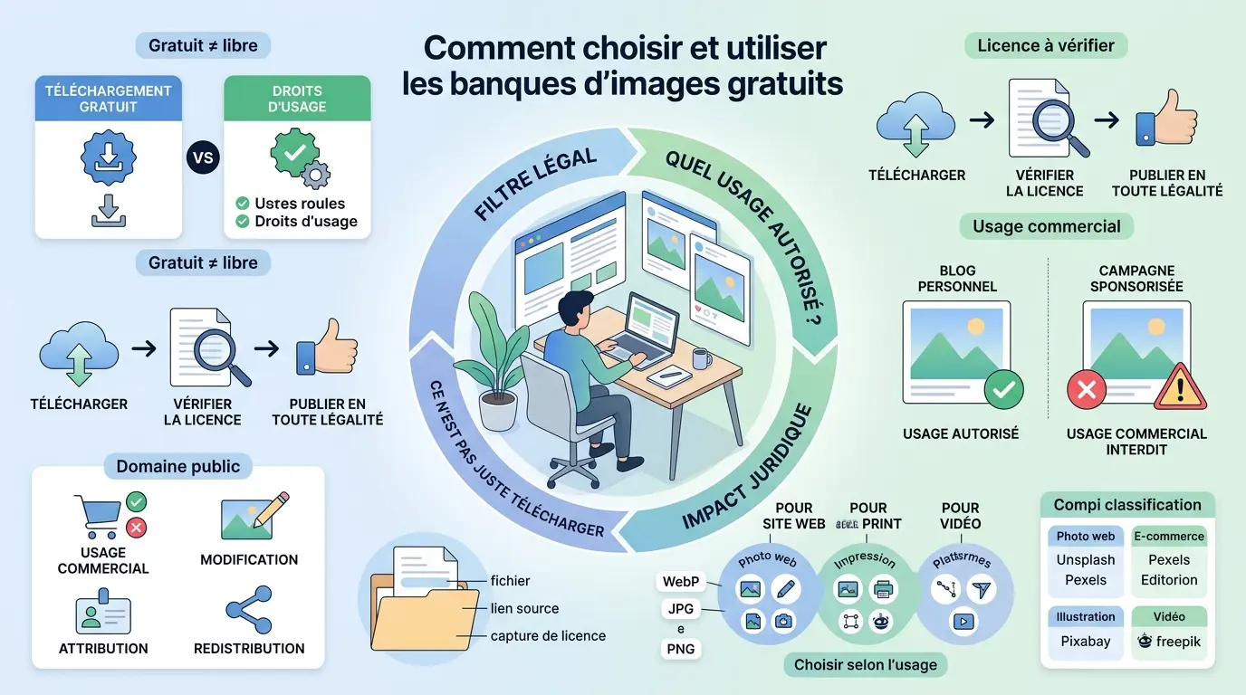 Infographie éducative sur le choix des banques images gratuite et l'utilisation légale des images, avec illustrations explicatives.