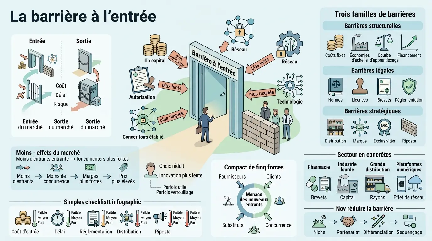 Infographie éducative sur la barrière à l'entrée en économie, illustrant les obstacles pour les nouveaux entrants sur le marché.