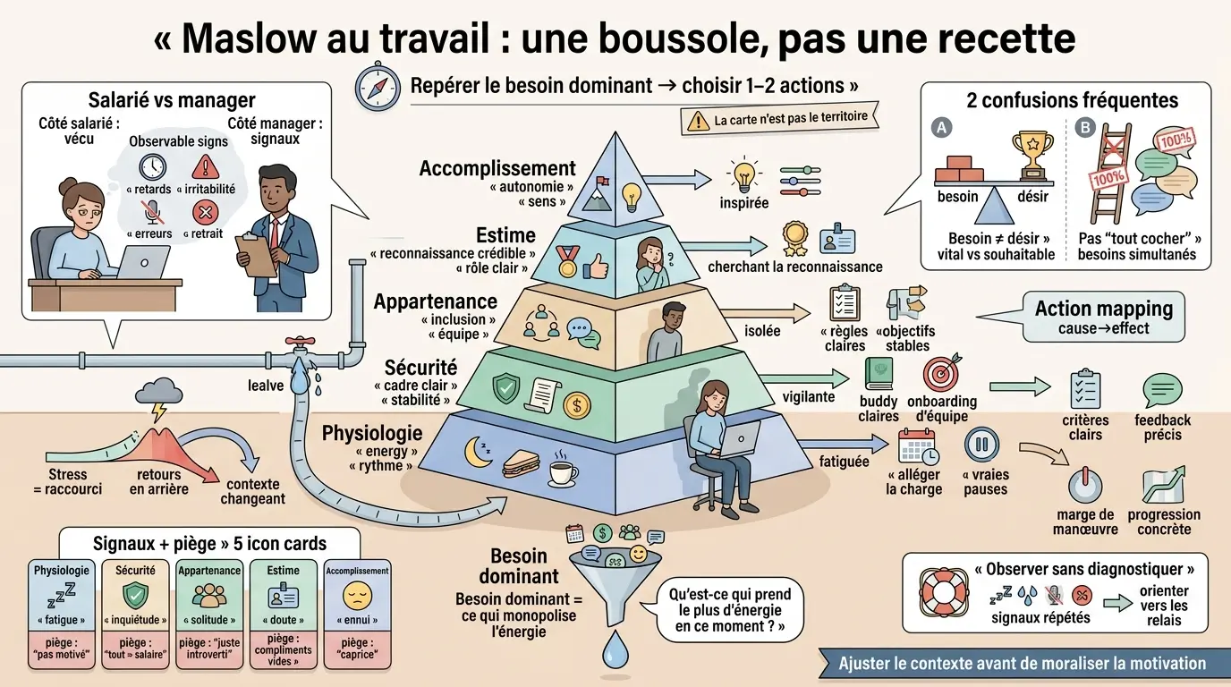 Infographie illustrant les besoins pyramide de Maslow au travail, montrant une pyramide à 5 niveaux avec des actions et signaux.