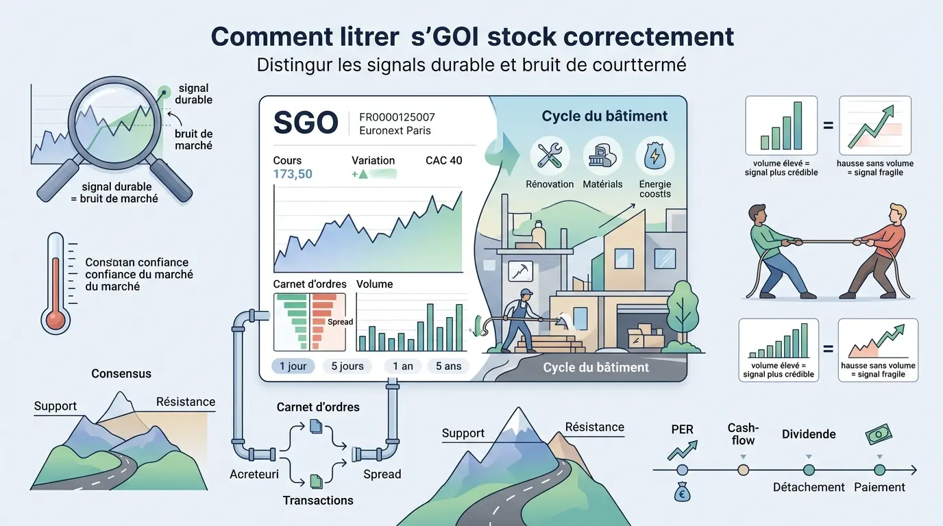 Infographie éducative sur les bourses Saint-Gobain, illustrant la lecture des actions avec des métaphores visuelles et des données clés.