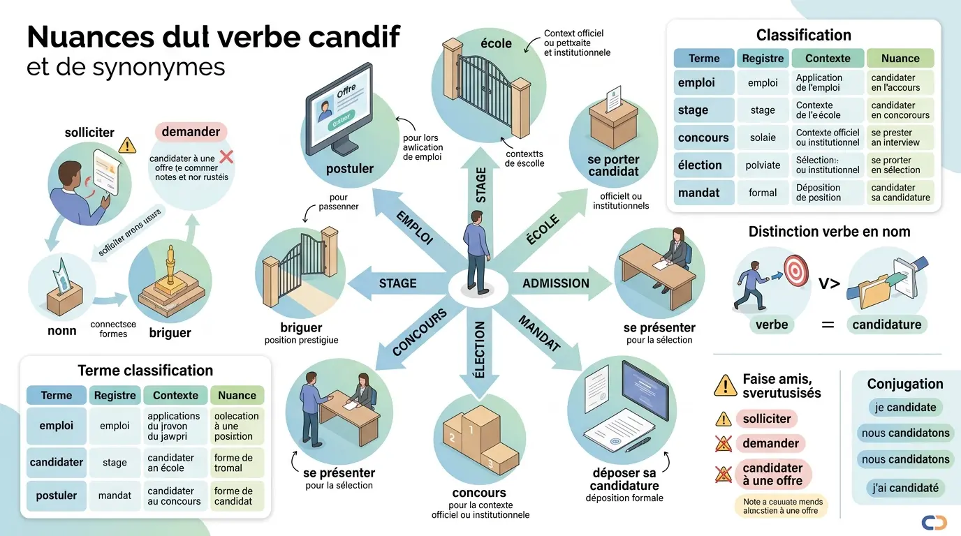 Infographie éducative sur candidater synonyme, illustrant les nuances du verbe selon le contexte : emploi, stage, élection.