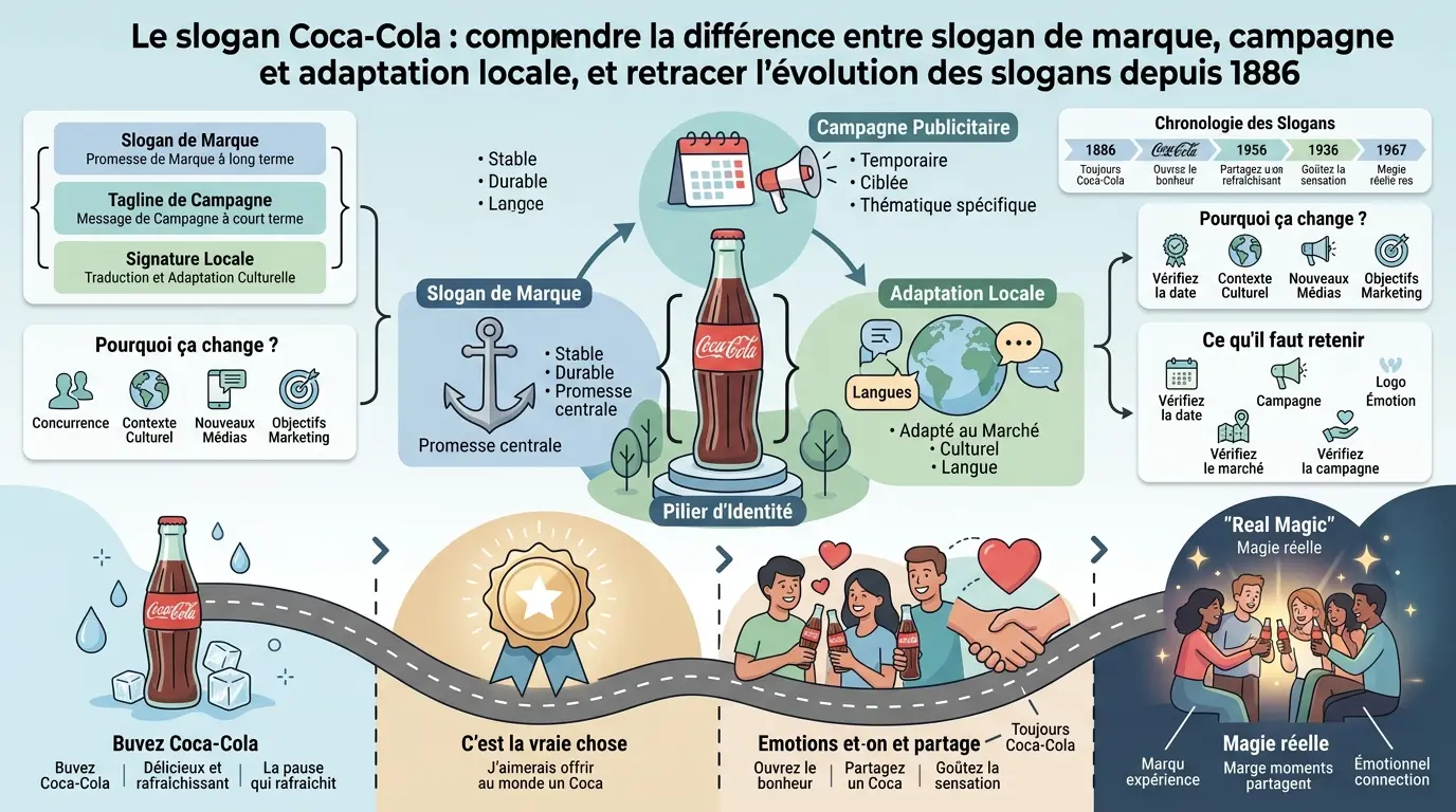 Infographie éducative sur l'évolution des coca slogans, illustrant différences entre slogan de marque, campagne et adaptation locale.