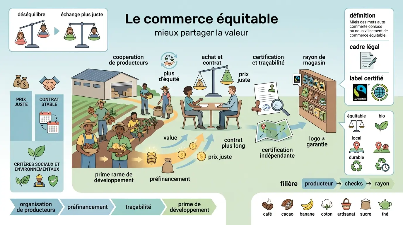 Infographie éducative sur le commerce équitable def, illustrant la chaîne de valeur équilibrée entre producteurs et acheteurs.