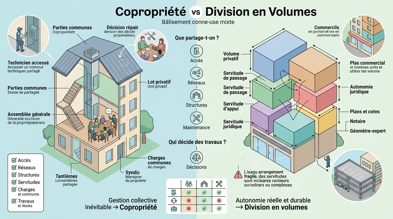 Infographie éducative sur copropriété division en volume, comparant les deux systèmes avec illustrations claires et métaphores visuelles.