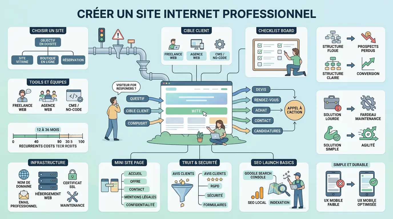 Infographie éducative sur comment creer site web professionnel, illustrant un parcours utilisateur clair et des outils essentiels.