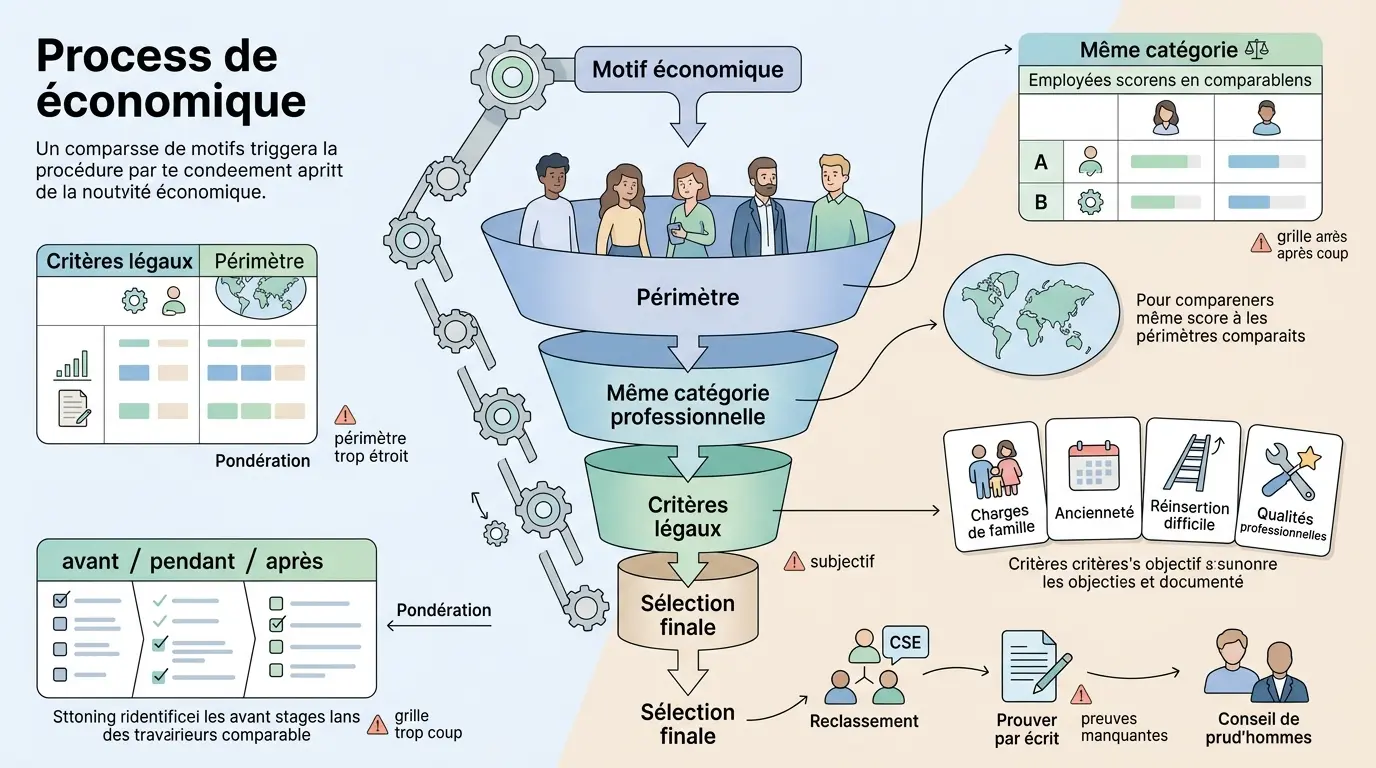 Infographie éducative illustrant les critères licenciement économique à travers un processus visuel clair et structuré.