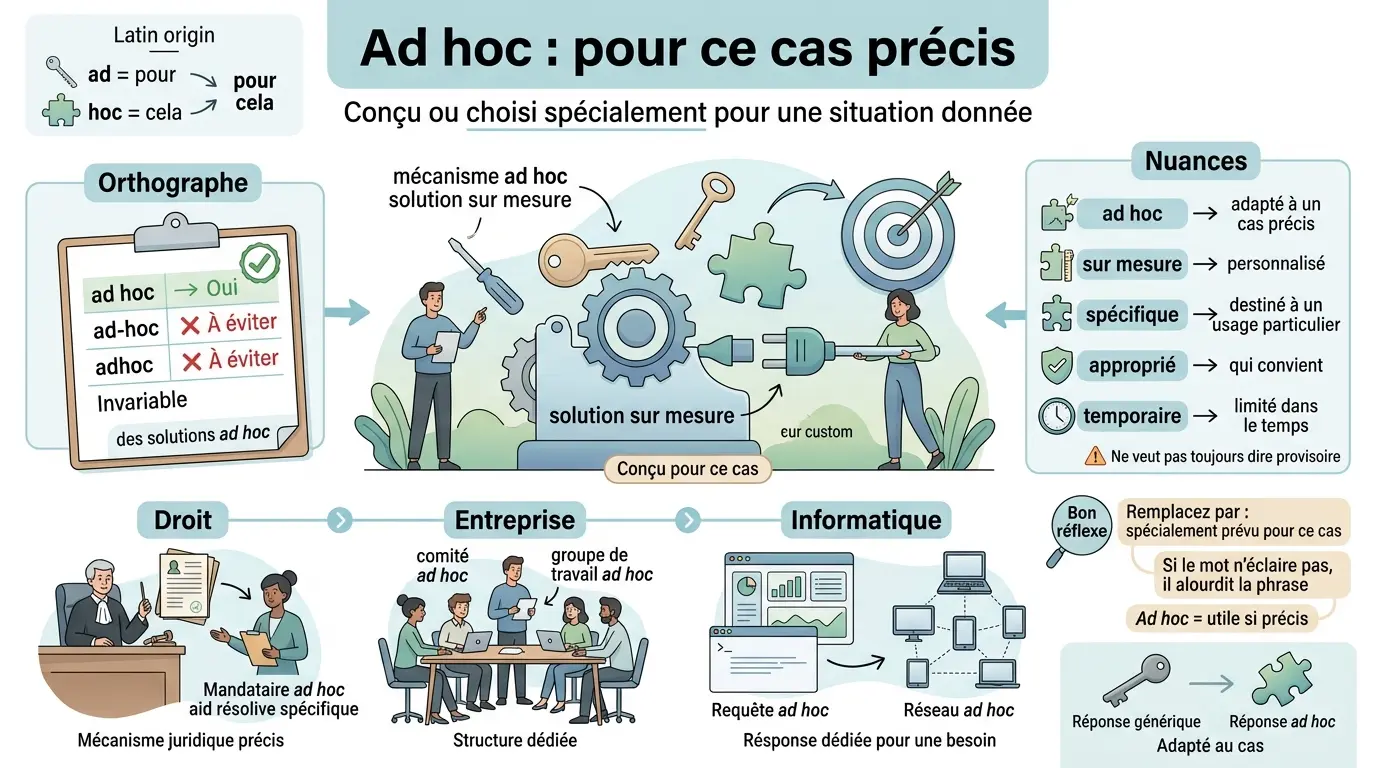 Infographie éducative illustrant la définition ad hoc, montrant des solutions sur mesure adaptées à des cas précis en droit, entreprise et informatique.