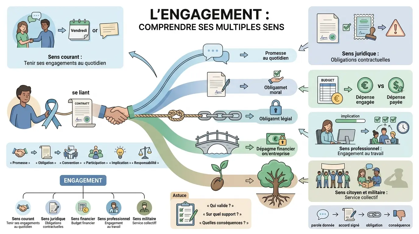 Infographie éducative illustrant la définition d un engagement à travers des métaphores visuelles et des contextes variés.