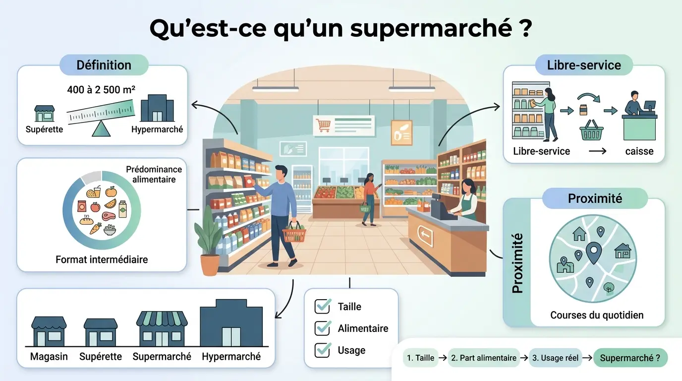 Infographie éducative illustrant la définition supermarché avec un intérieur typique, modules explicatifs et métaphores visuelles.
