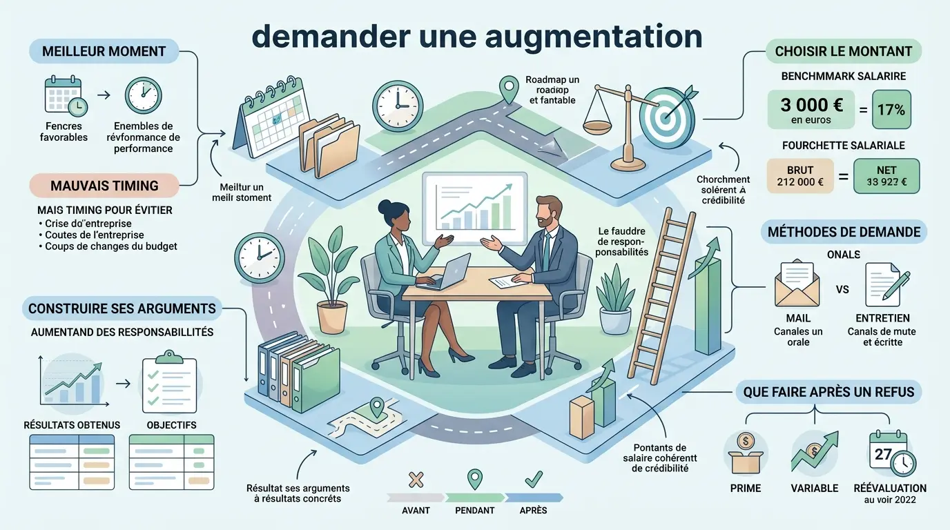 Infographie éducative sur demander augmentation, illustrant étapes, conseils et timing pour réussir sa demande.