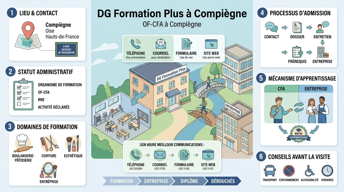 Infographie éducative sur dg formation plus à Compiègne, illustrant le centre, l'apprentissage et les formations proposées.