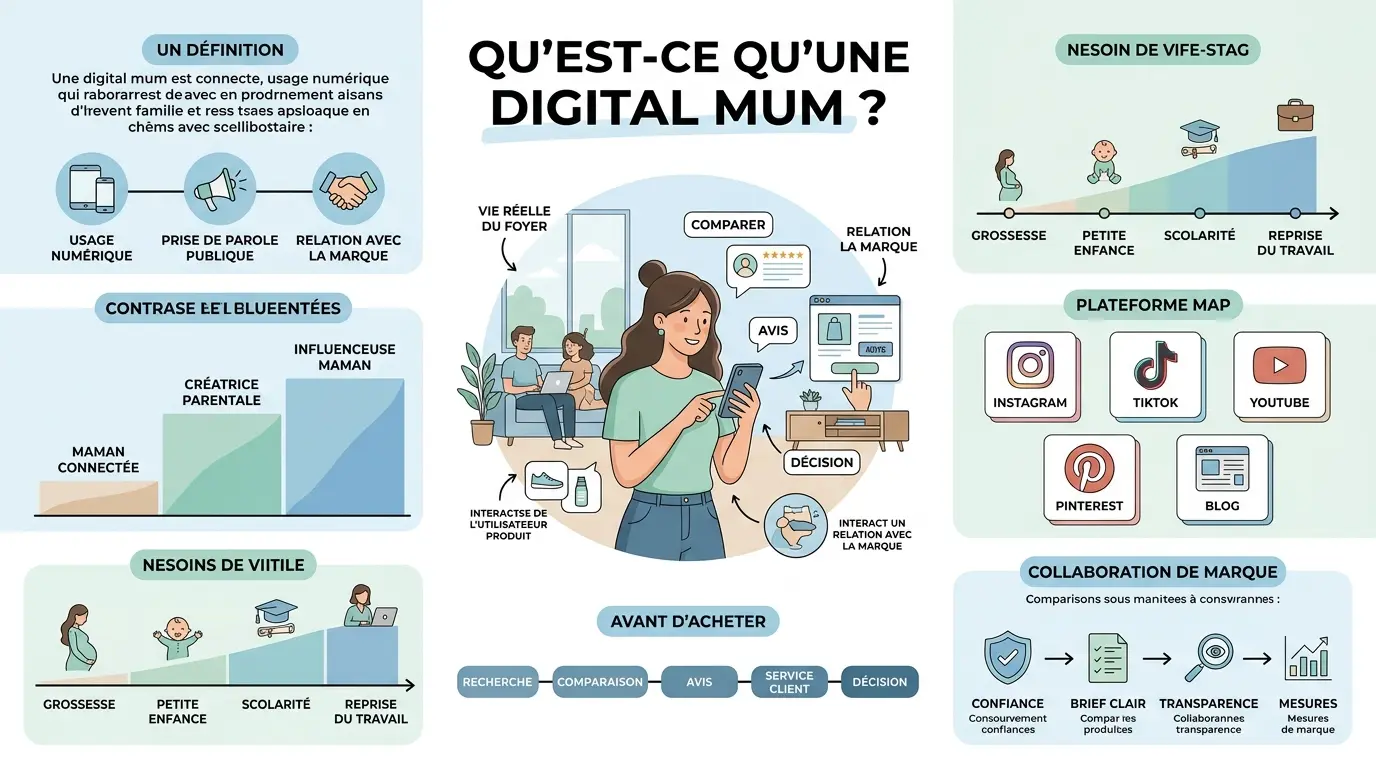 Infographie éducative sur les digital mums, illustrant leur rôle de décisionnaire dans un cadre familial connecté.