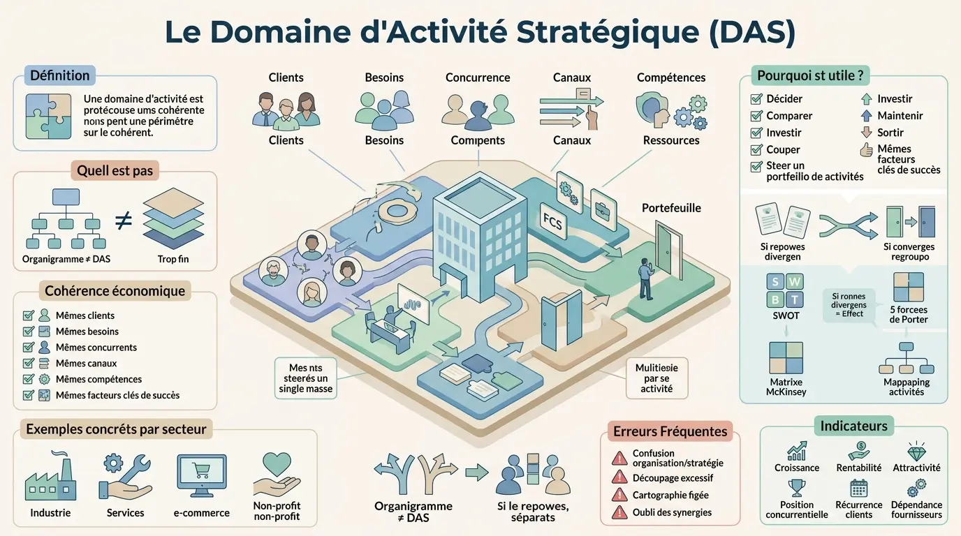 Infographie éducative sur le domaine d activité stratégique, illustrant la segmentation d'activités, clients, et outils associés.