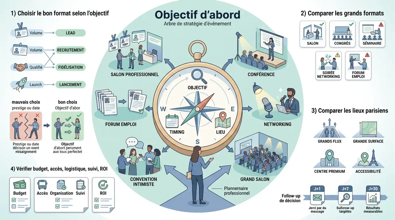 Infographie éducative sur le choix d'un evenement professionnel paris, illustrant objectifs, formats, lieux et logistique.