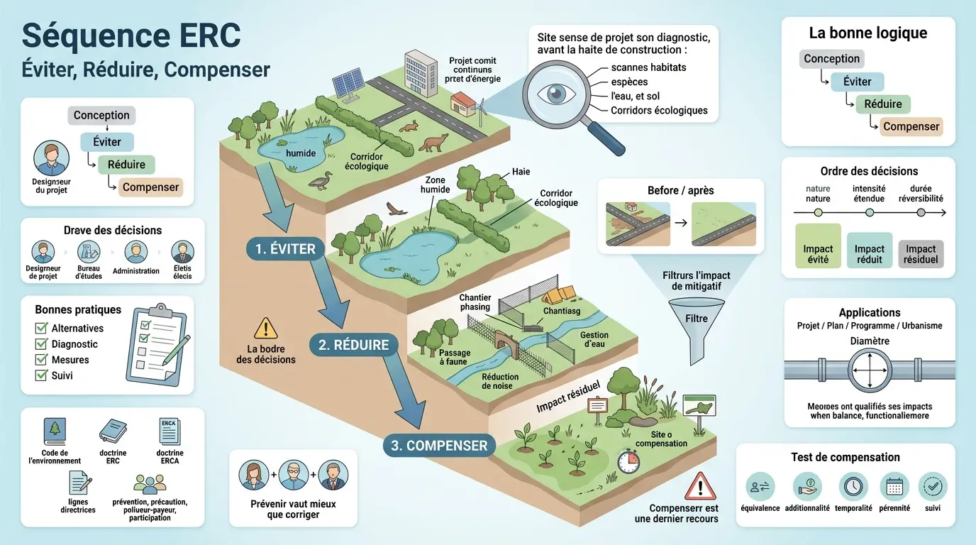 Infographie éducative illustrant la séquence éviter réduire compenser dans l'évaluation environnementale, avec des actions claires et des visuels explicatifs.
