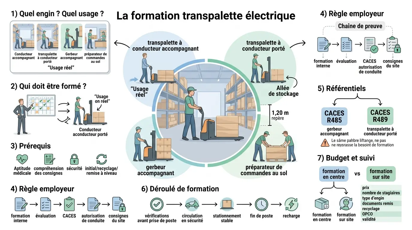 Infographie éducative sur la formation transpalette électrique, illustrant différents types d'engins et leur usage en entrepôt.