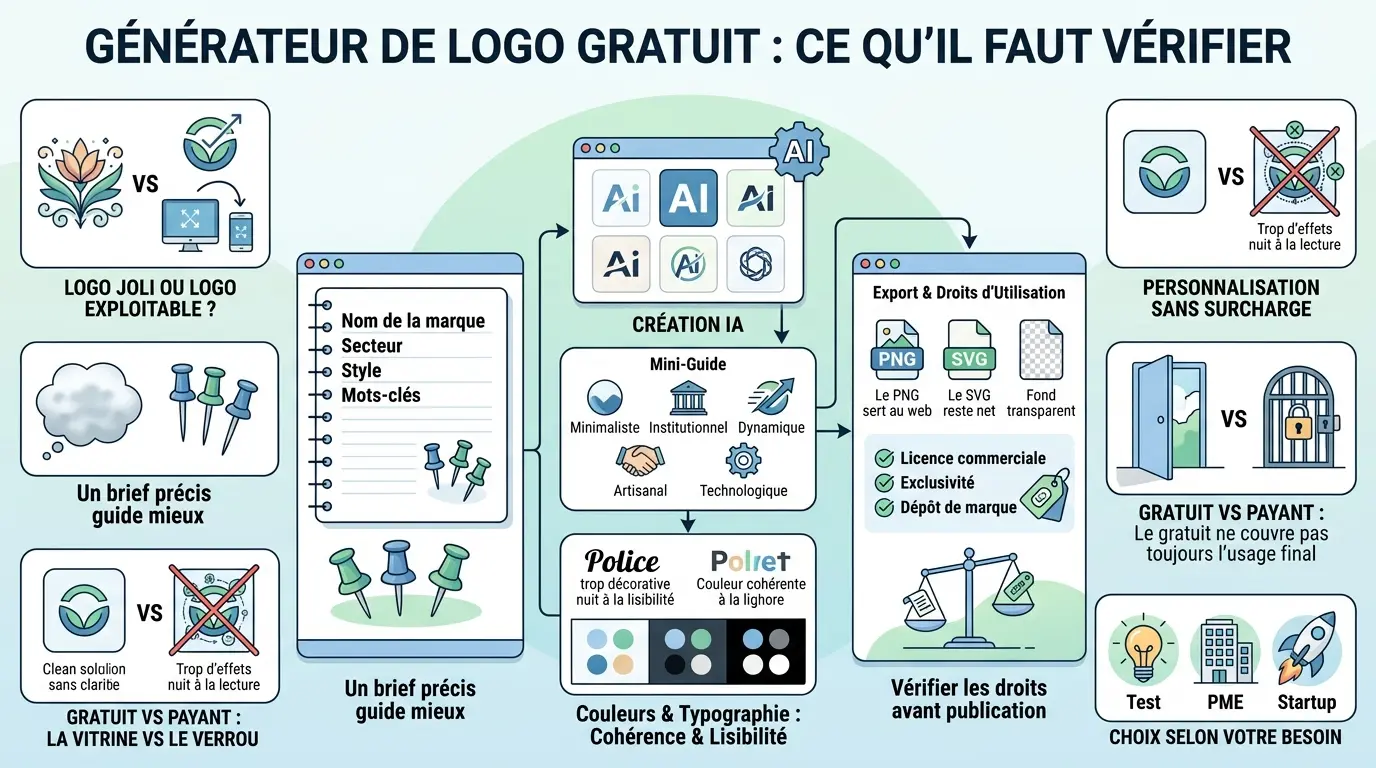 Infographie explicative sur le générateur de logo gratuit, illustrant le parcours du brief aux droits d'utilisation en 3 étapes.