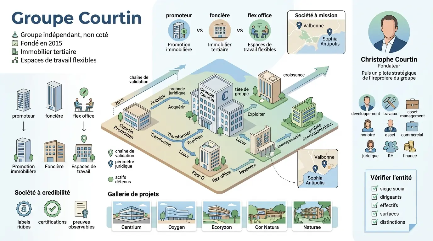 Infographie éducative illustrant la structure et les activités du groupe Courtin, avec des éléments visuels explicatifs.