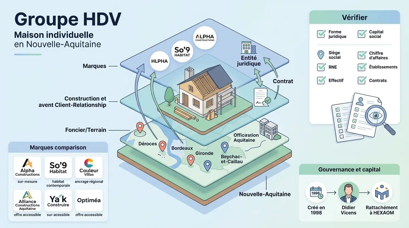 Infographie éducative sur le groupe hdv, illustrant l'écosystème de construction en Nouvelle-Aquitaine avec marques et relations clients.