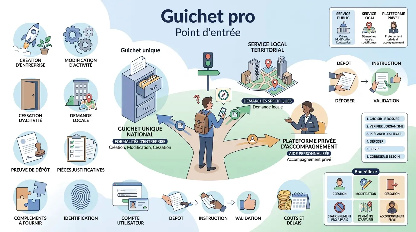 Infographie éducative sur le guichet pro, montrant un professionnel à un carrefour avec trois chemins vers différents services.