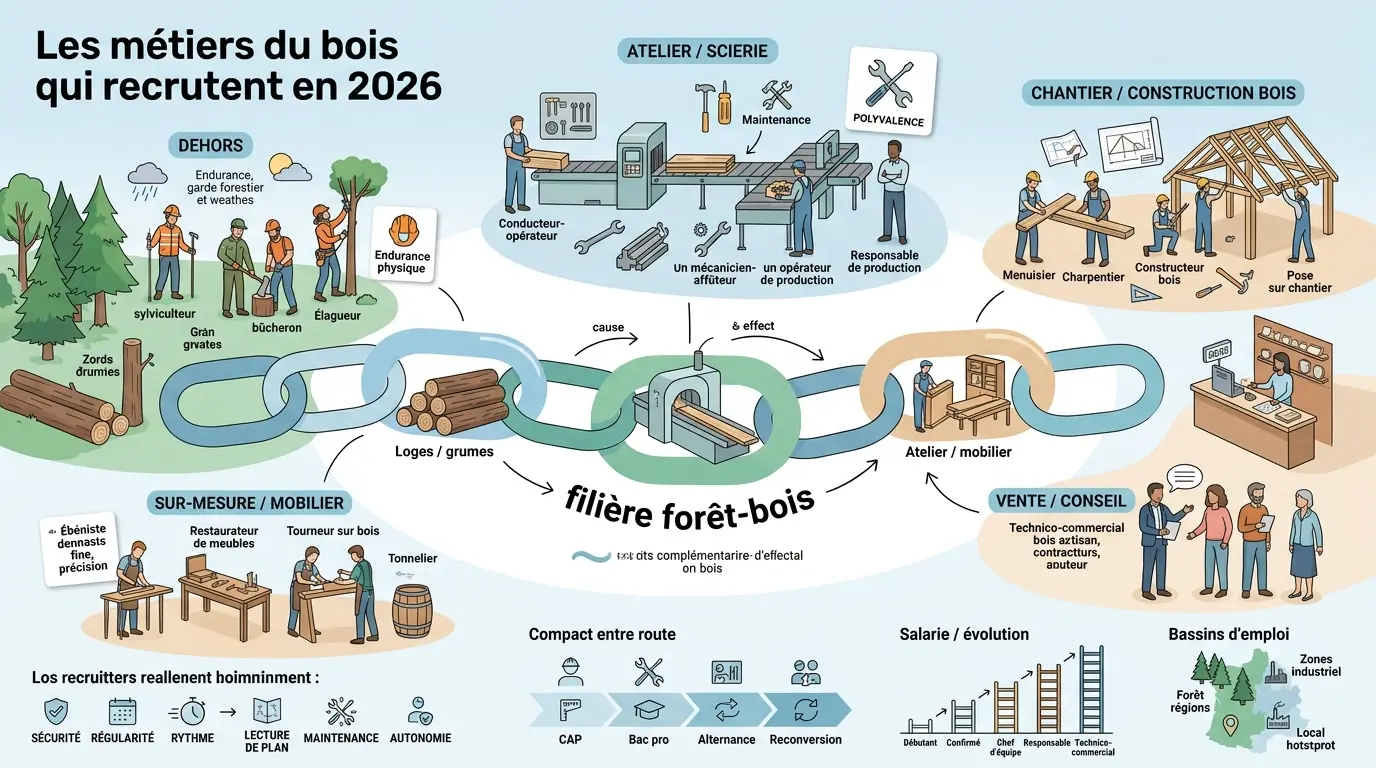 Infographie sur les métiers du bois qui recrutent en 2026, illustrant la filière forêt-bois et les parcours professionnels.