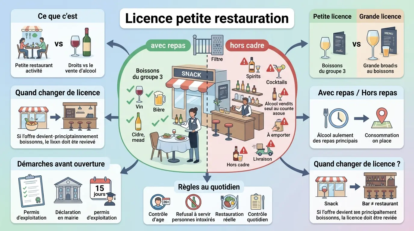 Infographie éducative sur la licence petite restauration, illustrant les droits de vente d'alcool en contexte de repas.