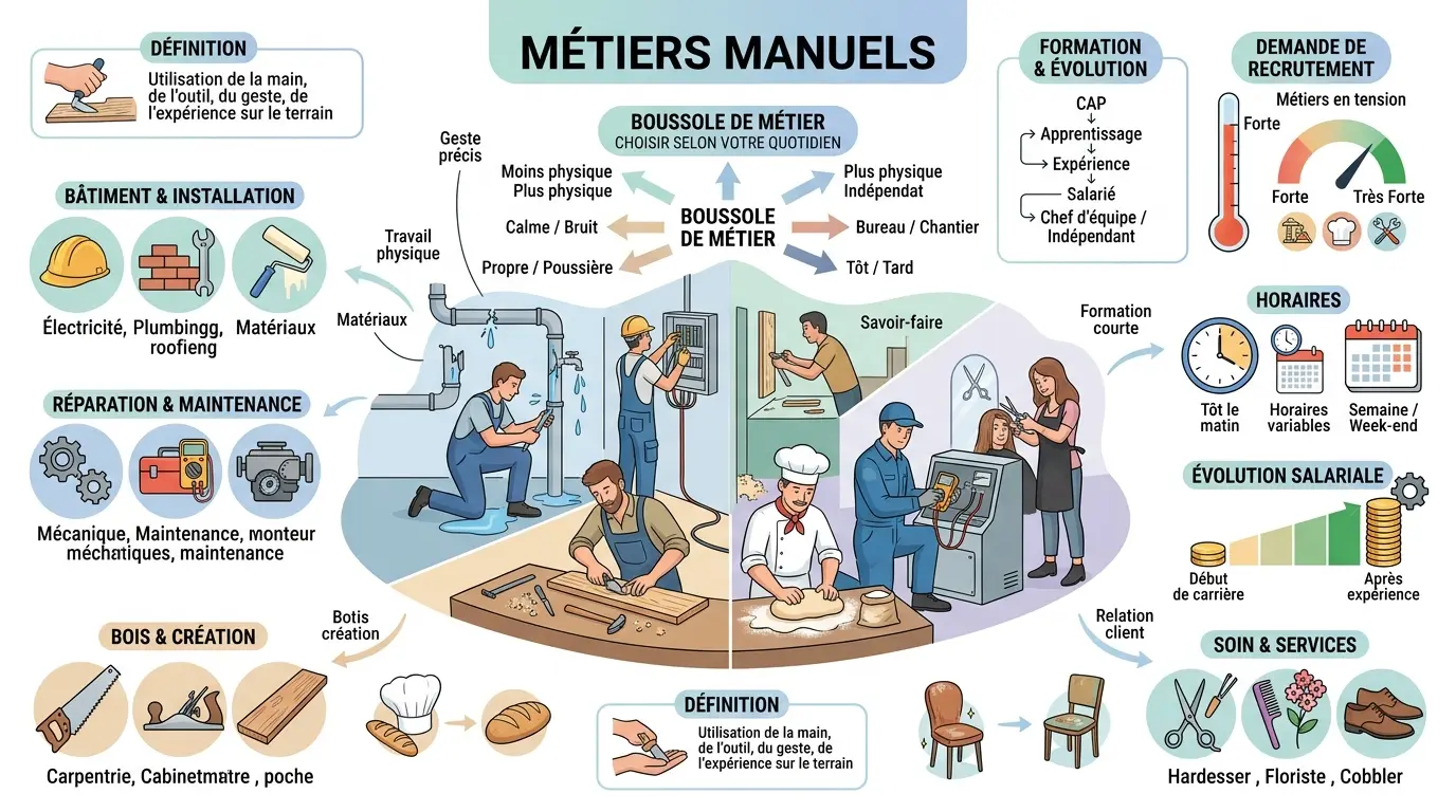 Infographie éducative illustrant une liste des métiers manuels avec des travailleurs en action et des comparaisons visuelles.