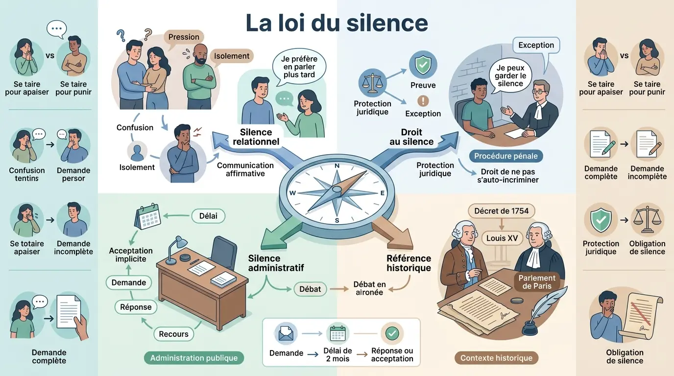 Infographie éducative sur la loi silence, illustrant ses quatre significations avec un compas du silence et des scènes métaphoriques.