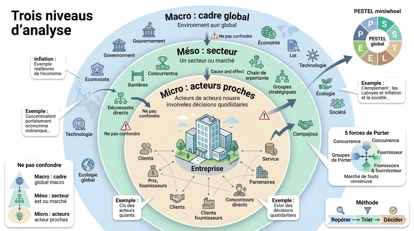Infographie éducative illustrant les niveaux d'analyse méso, macro, micro autour d'une entreprise avec des métaphores visuelles.