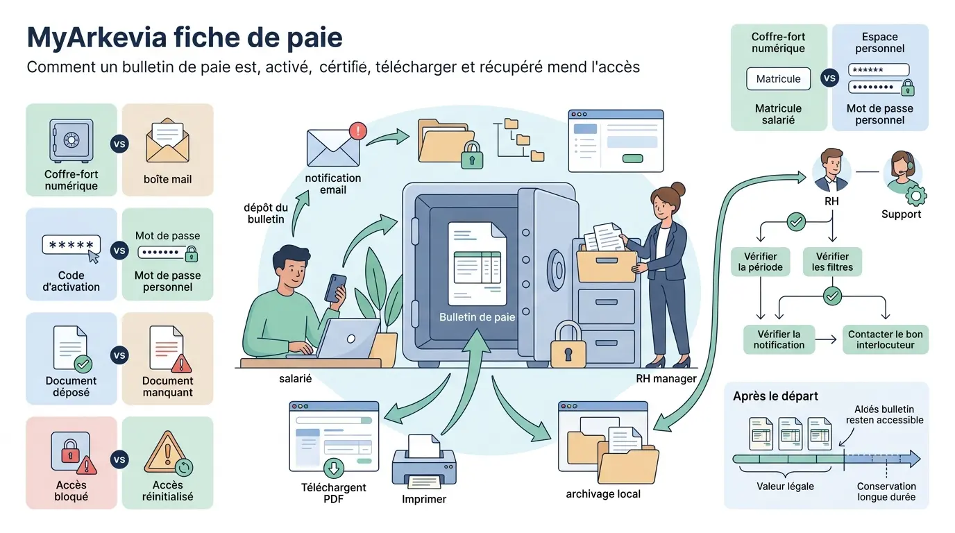 Infographie éducative sur my arkevia fiche de paie, illustrant le processus de consultation et de récupération des bulletins de salaire.