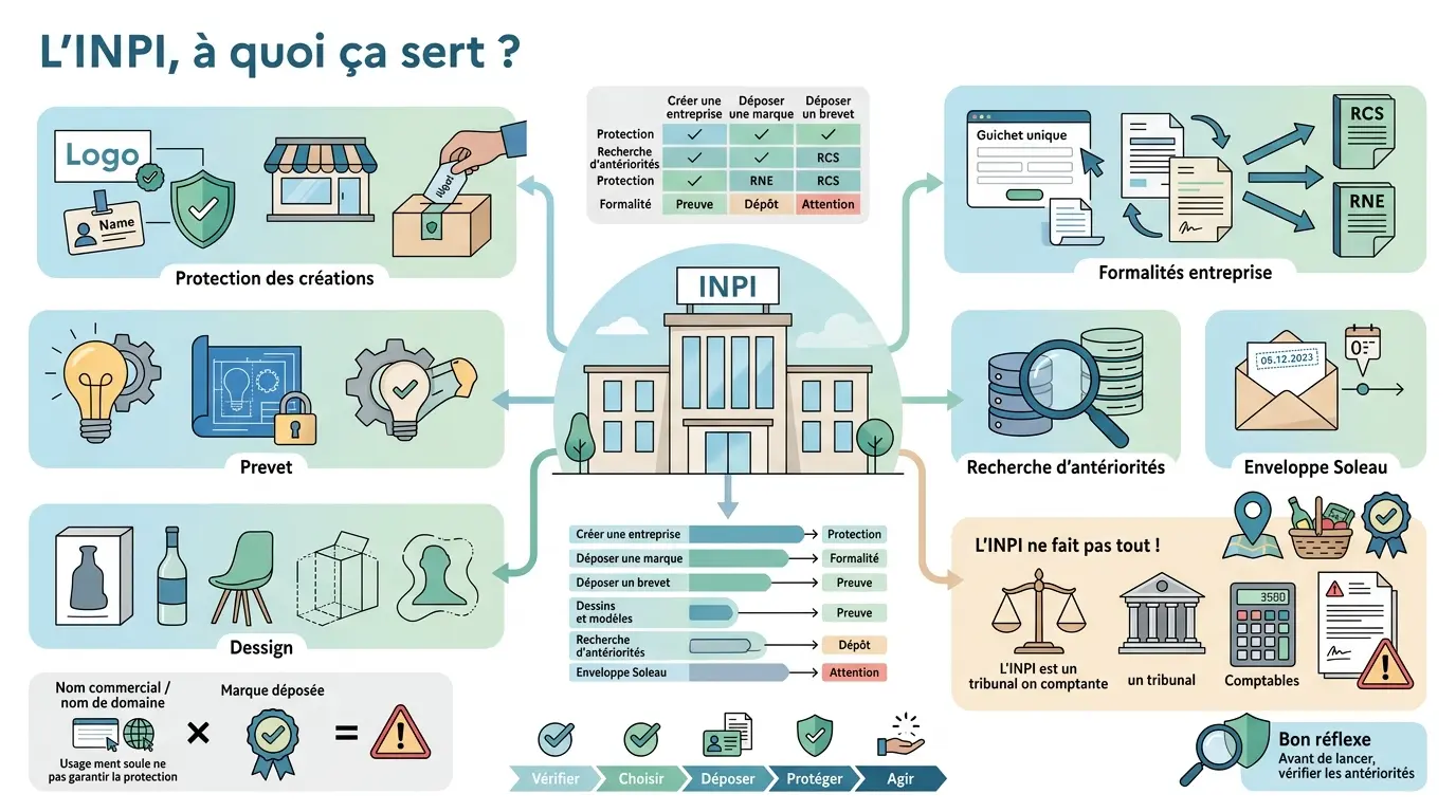 Infographie éducative sur qu est ce que l inpi, illustrant ses fonctions : protection, formalités, vérification, avec des visuels clairs.