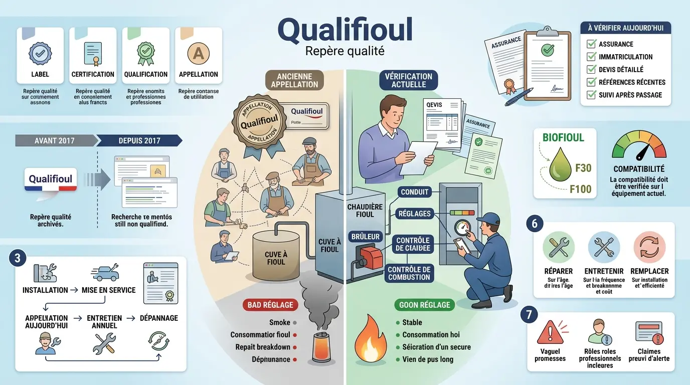 Infographie éducative sur le qualifioul, illustrant son histoire et sa pertinence actuelle pour les professionnels du chauffage au fioul.