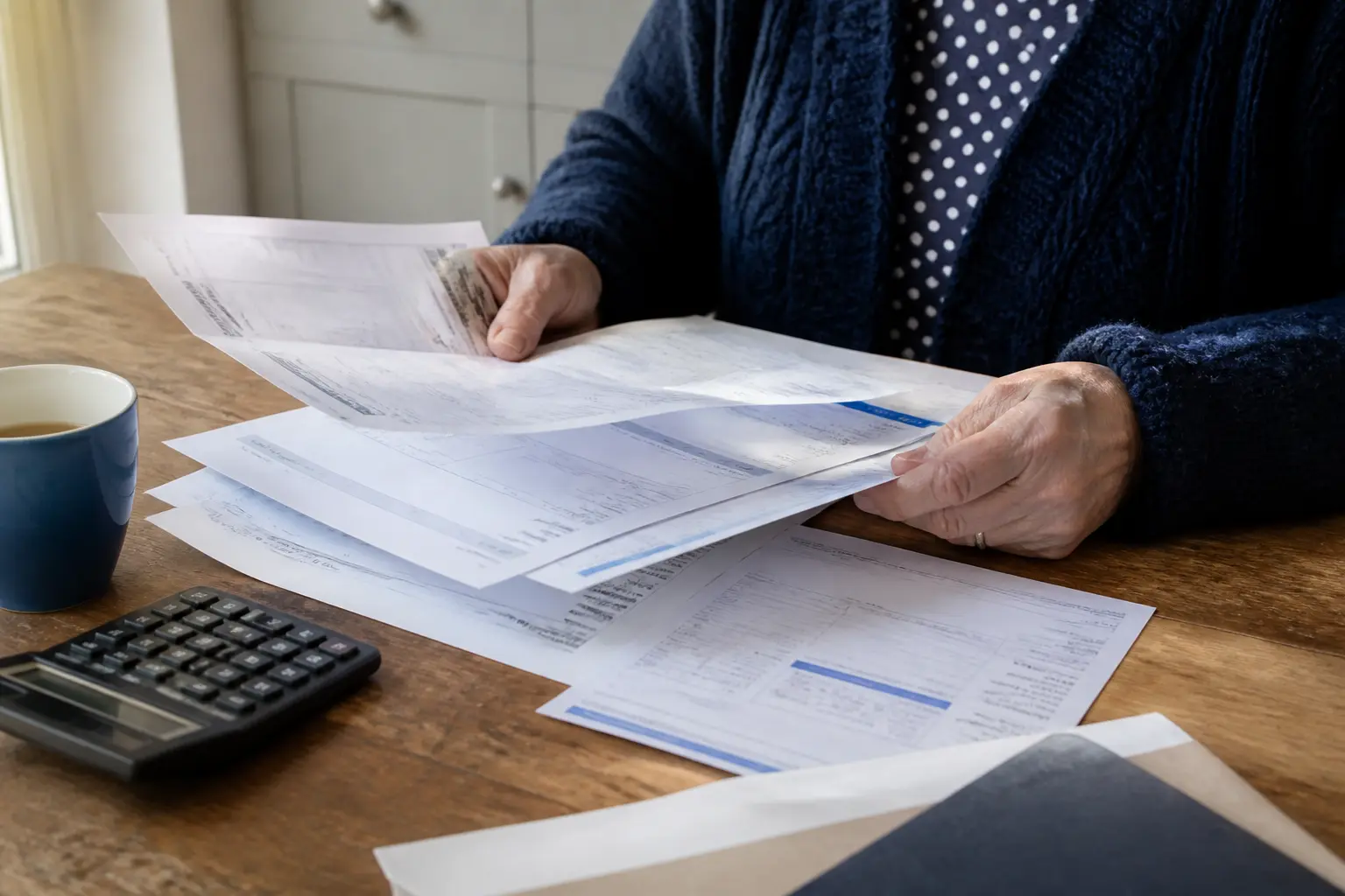 Calcul paiement maison de retraite par les descendants : mains triant factures et relevés sur une table de cuisine familiale.