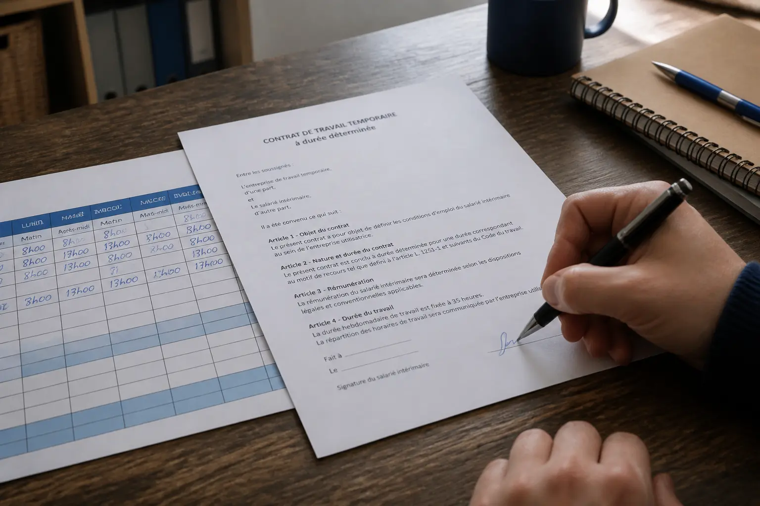 Contrat intérim 35h mais travaille moins sur bureau d’un petit bureau, contrat signé et feuille d’heures sous lumière douce.