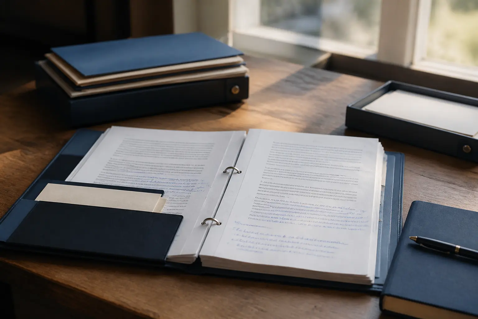 Dossier professionnel organisé sur bureau en bois près d’une fenêtre, documents annotés sous lumière naturelle douce